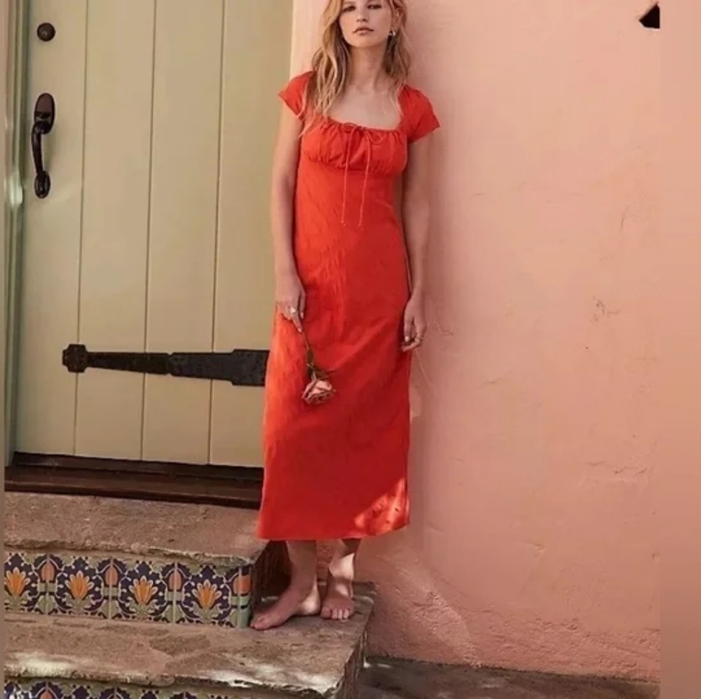 NWT Free People, Natalya Solid Midi, Small in Warm Up Red (Orange)